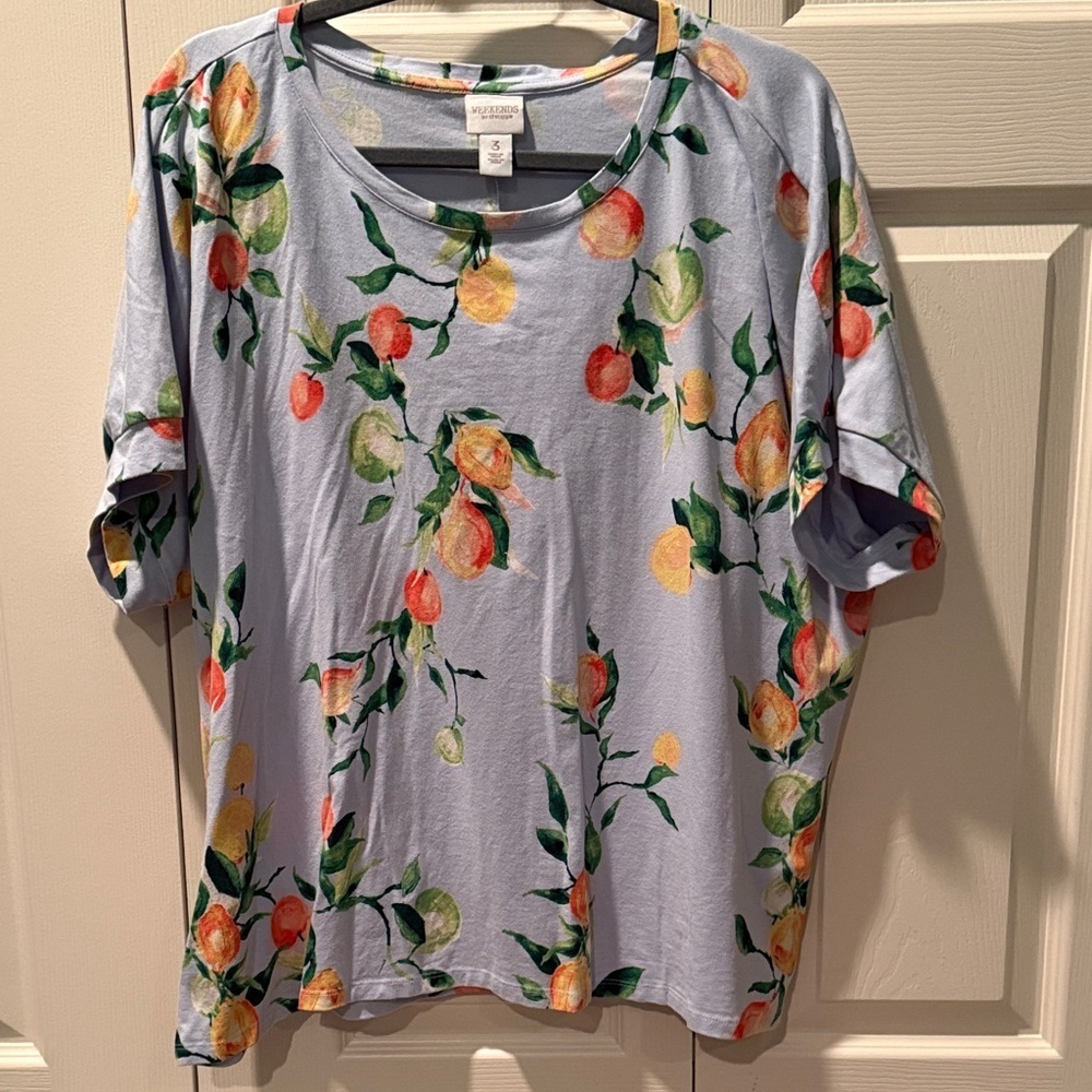 # Chico's Sz 3 (XL) Boxy Blue Fruit Print Short Sleeve Top